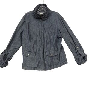 AMX Jacket Womens XL Blue White Pinstripe Zip Up Funnel Neck Cotton Stretch